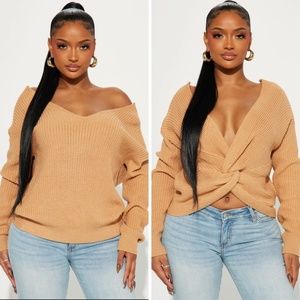 NWT Fashion Nova Women's Open Shoulder Knitted Sweater Camel [US S]